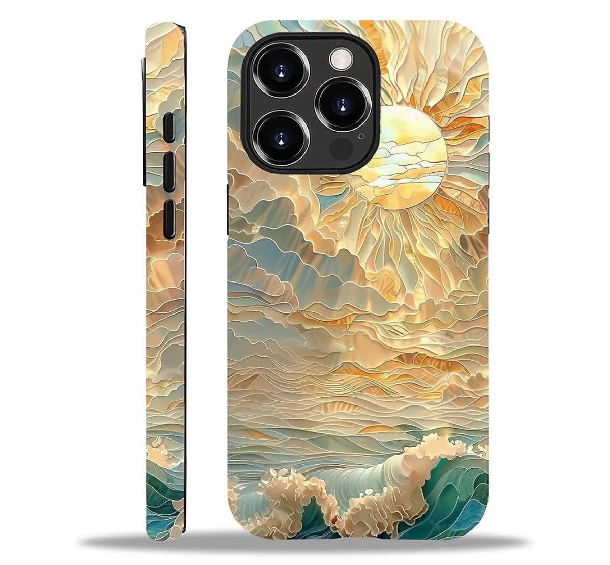 Case for iPhone 13 Pro Max,Ocean Waves Sun Rays Stained Glass for 2 in 1 Hard Shell + Soft Silicone, Shockproof Bumper Drop Protective Case for iPhone 13 Pro Max