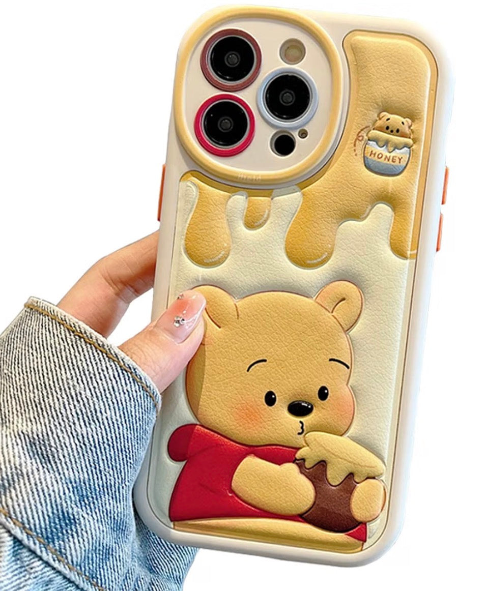 Compatible with iPhone 15 Pro Cute Case, Winnie the Pooh Kawaii Phone Case TPU Leather Cute Bear Cartoon case Soft Rubber Shockproof Protective for iPhone 15 Pro Max Case Cover for Women Girls