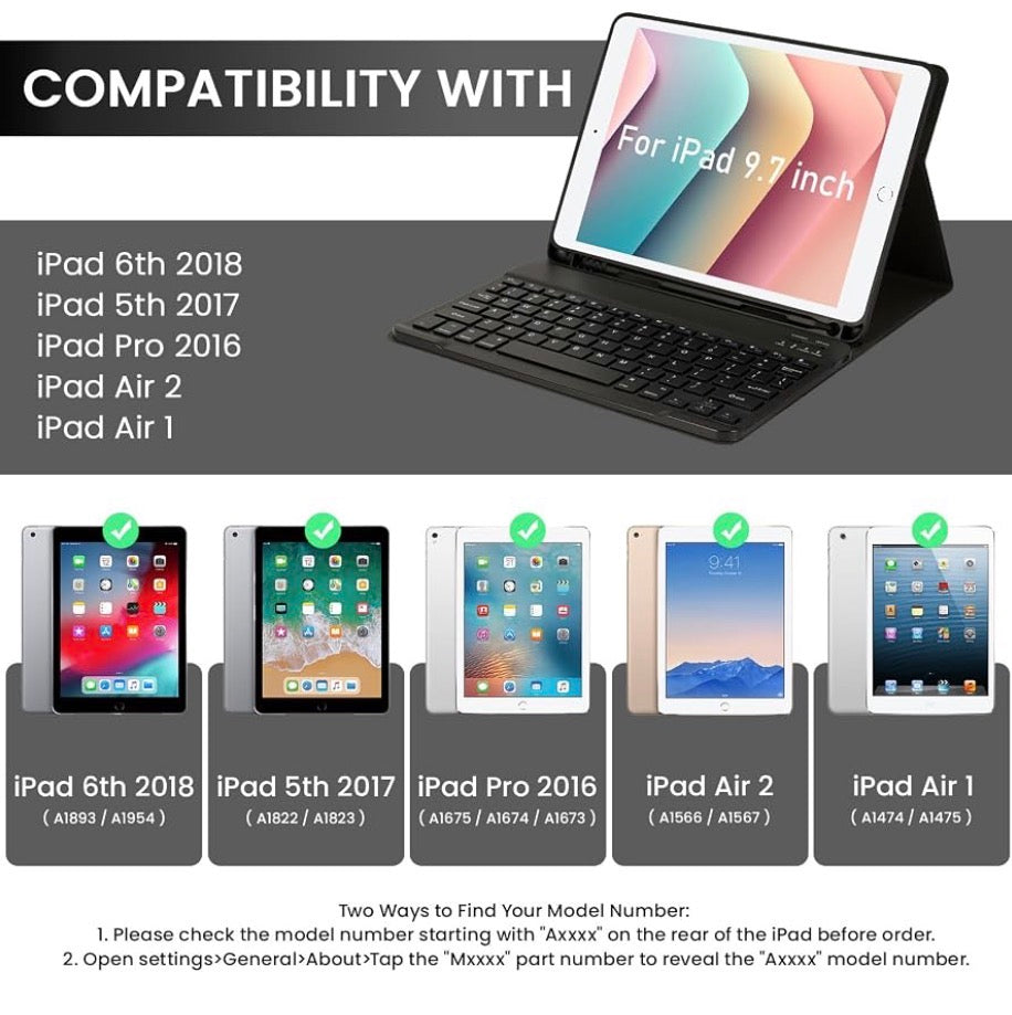 Keyboard Case for iPad 9.7 inch 2018 (6th Gen)/ 2017 (5th Gen)/2016 iPad Pro/Air 2/1, Thin - Detachable - Wireless Keyboard Cover with Pencil Holder for iPad 9.7 inch, Auto Sleep/Wake, Black