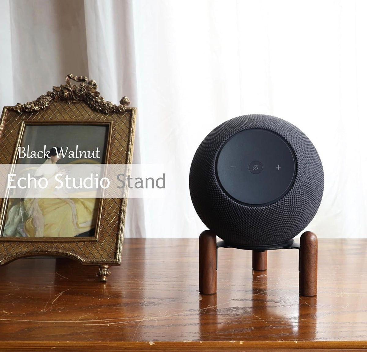 Desk stand for 2025 new Echo studio, Wood & Metal stand - Improve sound quality and hide the power cord (Black Walnut)