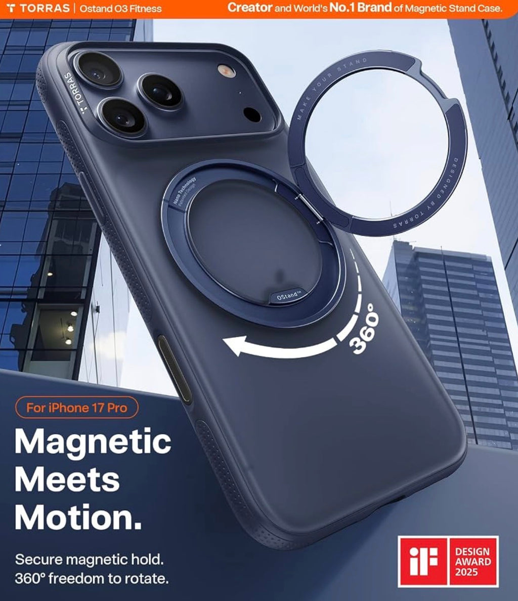 TORRAS for iPhone 17 Pro Max Case, 360 Magnetic Stand, O3 Fitness Series
[Fit for MagSafe] [4X Military-Grade Protection] Slim Case for iPhone 17 Pro Max phone case, 6.9", Translucent Deep Blue
