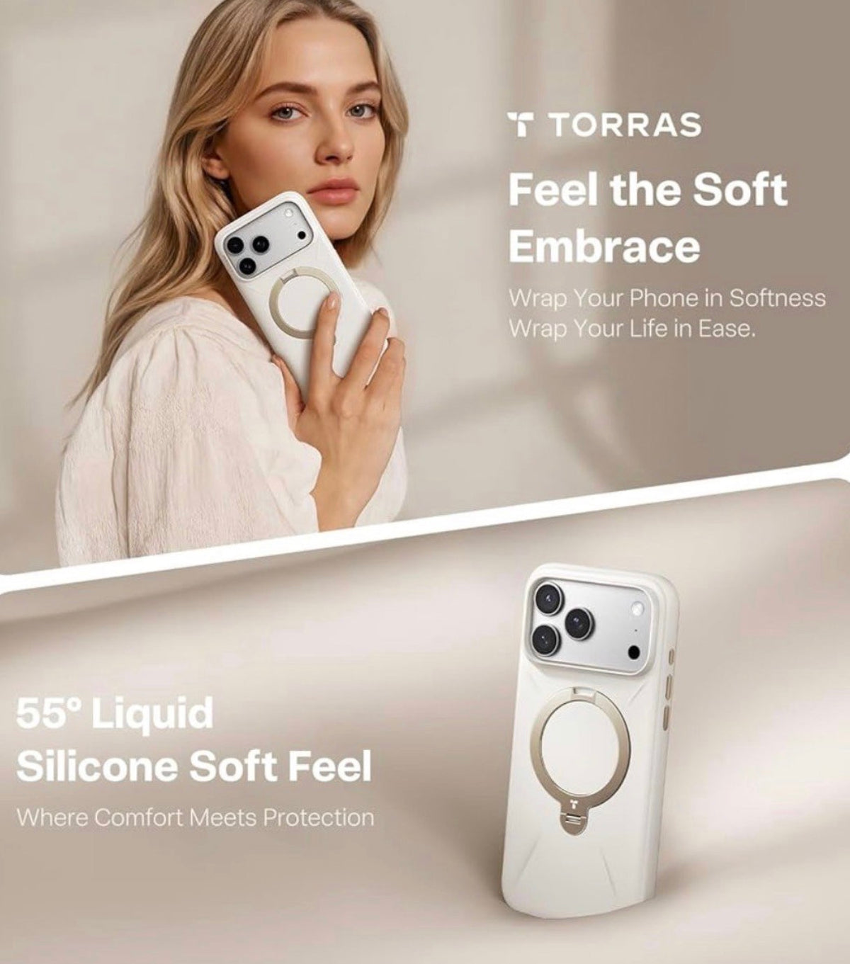 TORRAS - Q3 Silicone for iPhone 17 Pro Case with Magnetic 360 Stand
Compatible with MagSafe, Liquid Silicone Rubber Soft Phone Case for iPhone 17 Pro, Camera Control Cover, Light Ivory