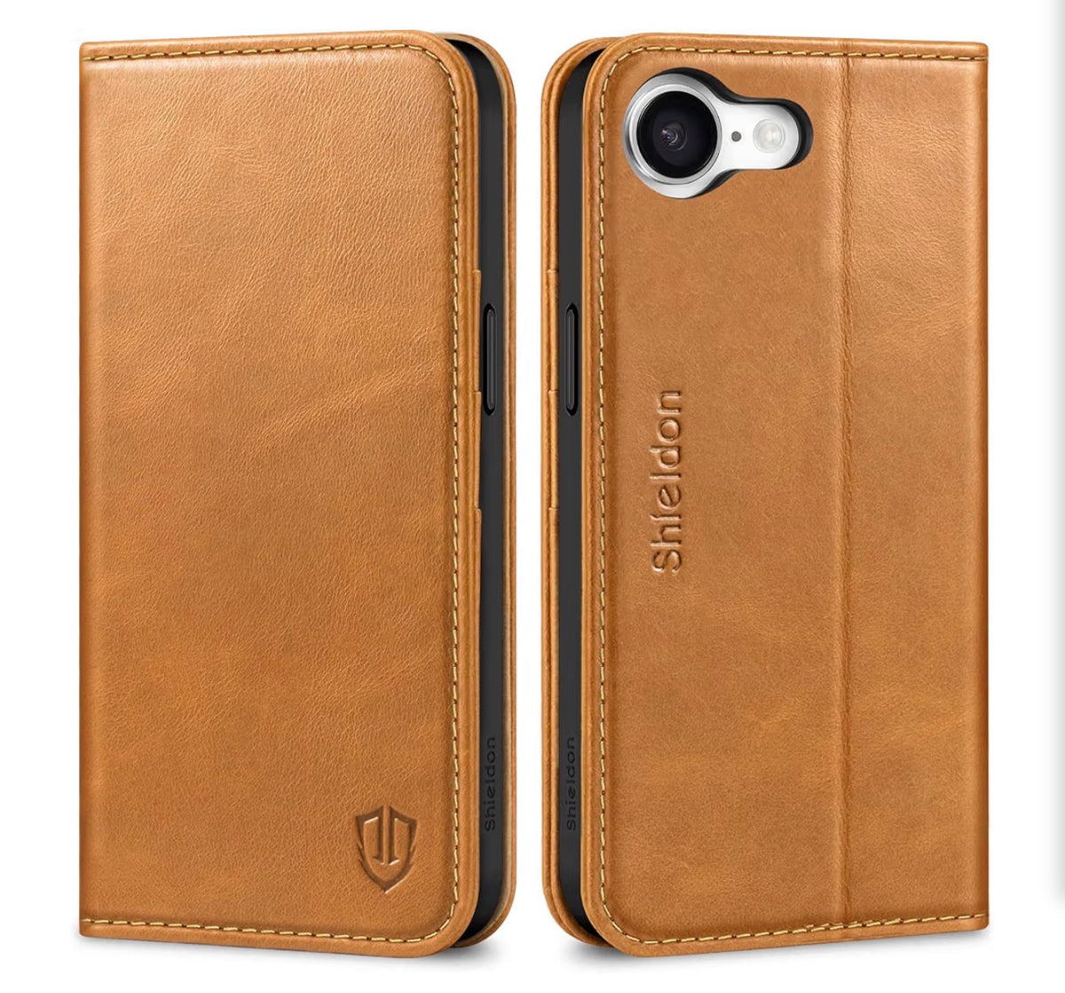 Genuine Leather Case Wallet for iPhone 17e/16e, Retro Light Brown, Flip Magnetic Cover, RFID Blocking, Credit Card Holder, Kickstand, Book Design, Shock-Absorbent Phone Cover