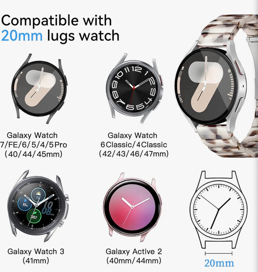 Resin Band Compatible with Samsung Galaxy Watch 7 FE 6 5 40mm 44mm/Pro 45mm, Galaxy Watch 4 40/44mm, Samsung Galaxy Active 2 40/44mm, 20mm Band for Galaxy Watch 6 4 Classic 42mm 43mm 46/47mm Watch 3 41mm Women