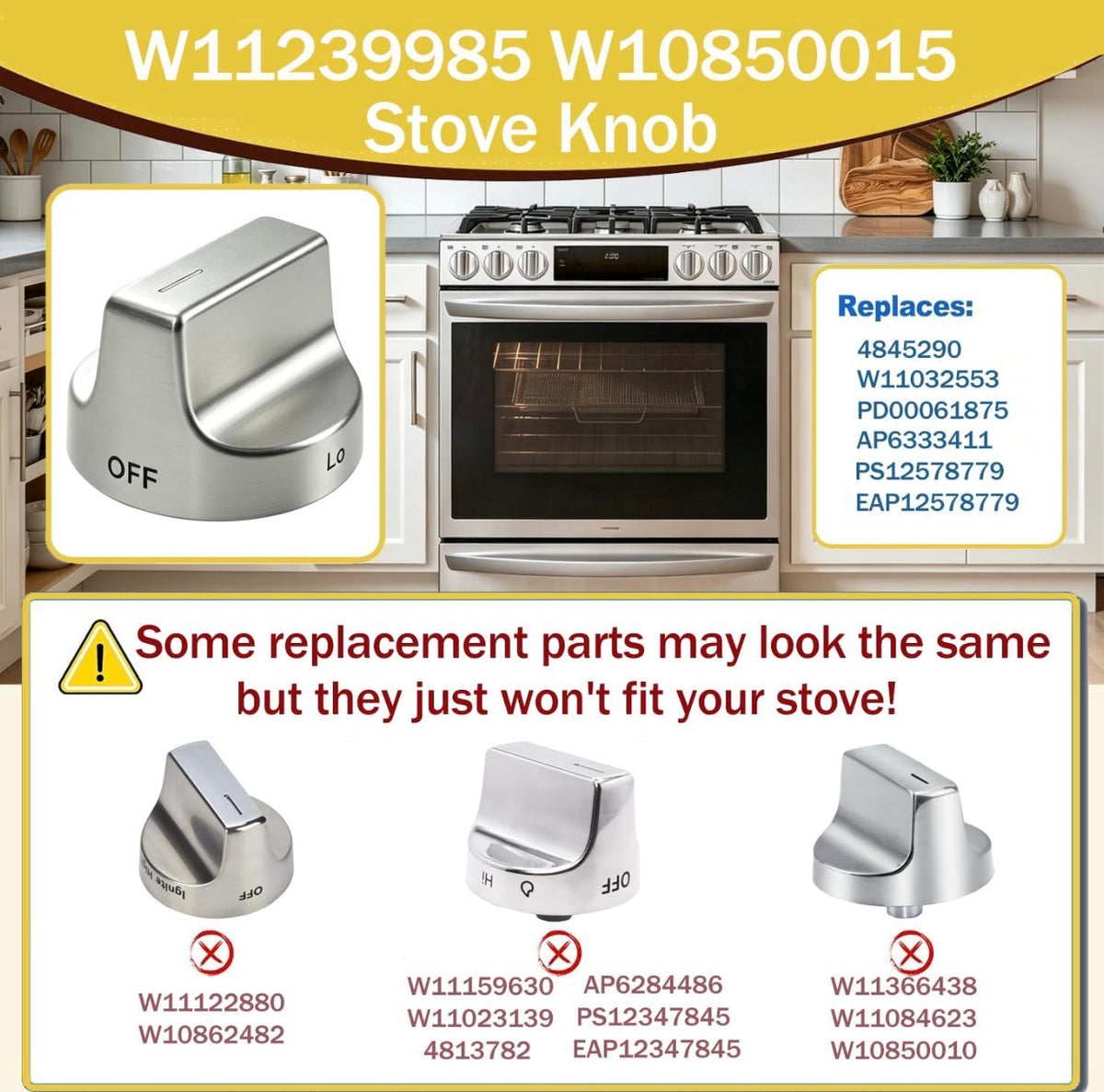 5 Pcs W11239985 W10850015 Stove Knob Replacement Compatible with Whirlpool WFG525S0HZ1 WFG550S0HZ0 WFG525S0HZ0 WFG525S0JV0 Replace 4845290 W11032553 PD00061875 AP6333411