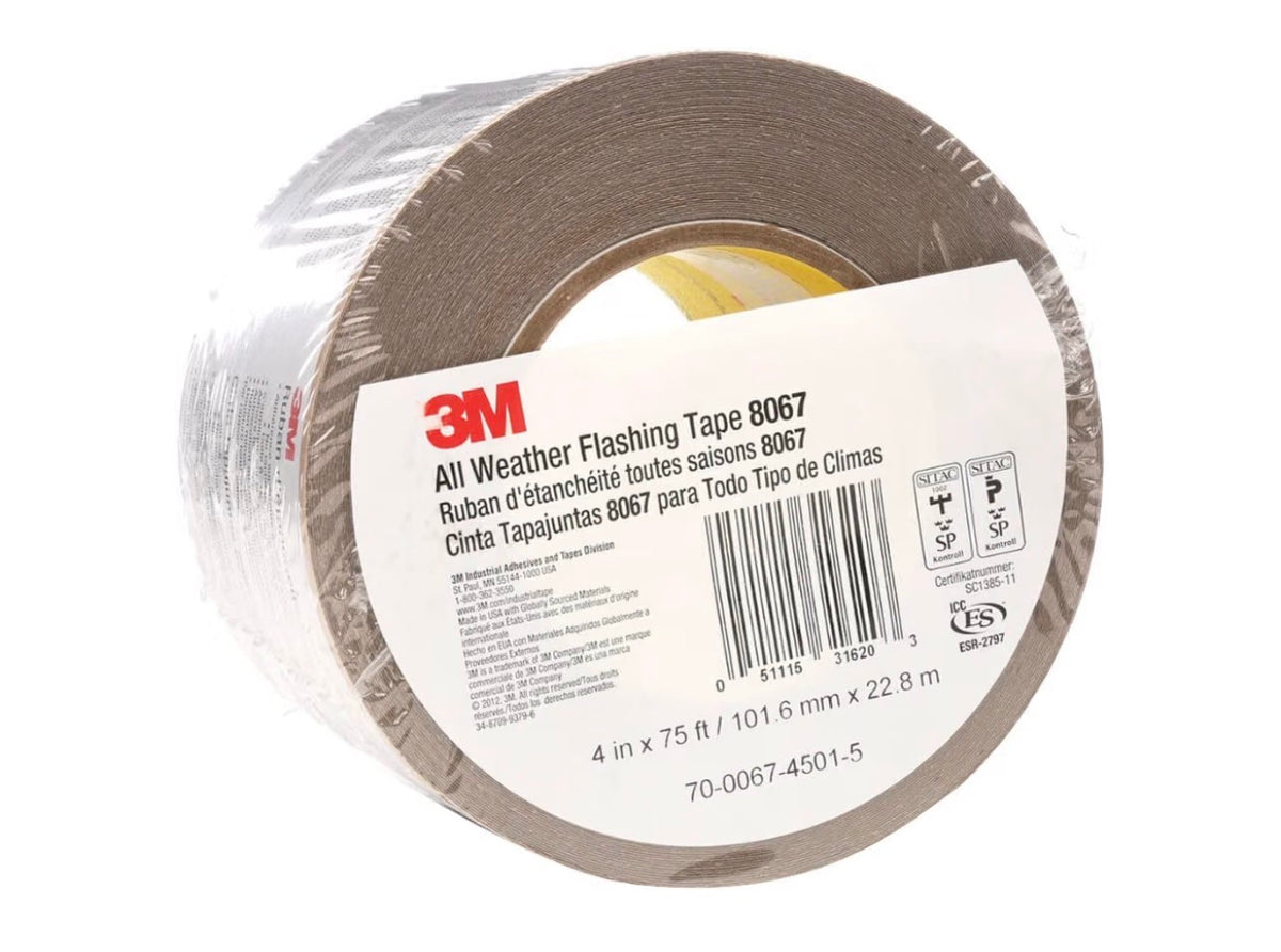 3M All Weather Flashing Tape 8067, Tan, 4 in x 75 ft, 1 Roll, Waterproof flashing membrane for windows and doors, Self-adhered, Prevents moisture intrusion, Slit liner (2-2 Slit)