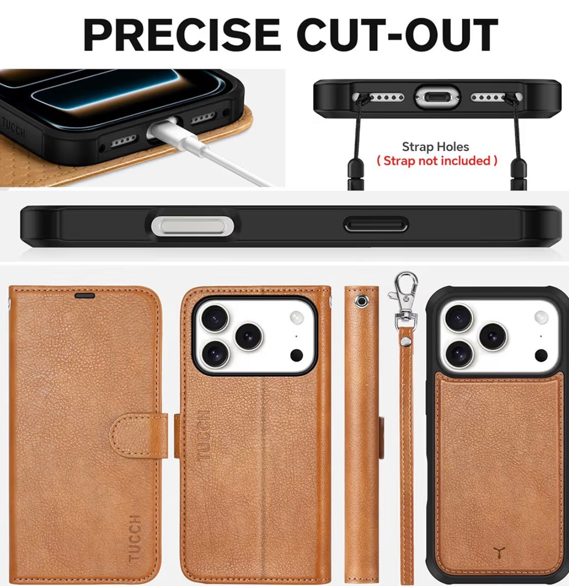 Detachable Wallet Case for iPhone 18 Pro/17 Pro (6.3"), Light Brown, 4 Card Holders, RFID Blocking, Wireless Charging, Kickstand, Wrist Strap, Shockproof TPU, PU Leather, Magnetic, Folio Cover