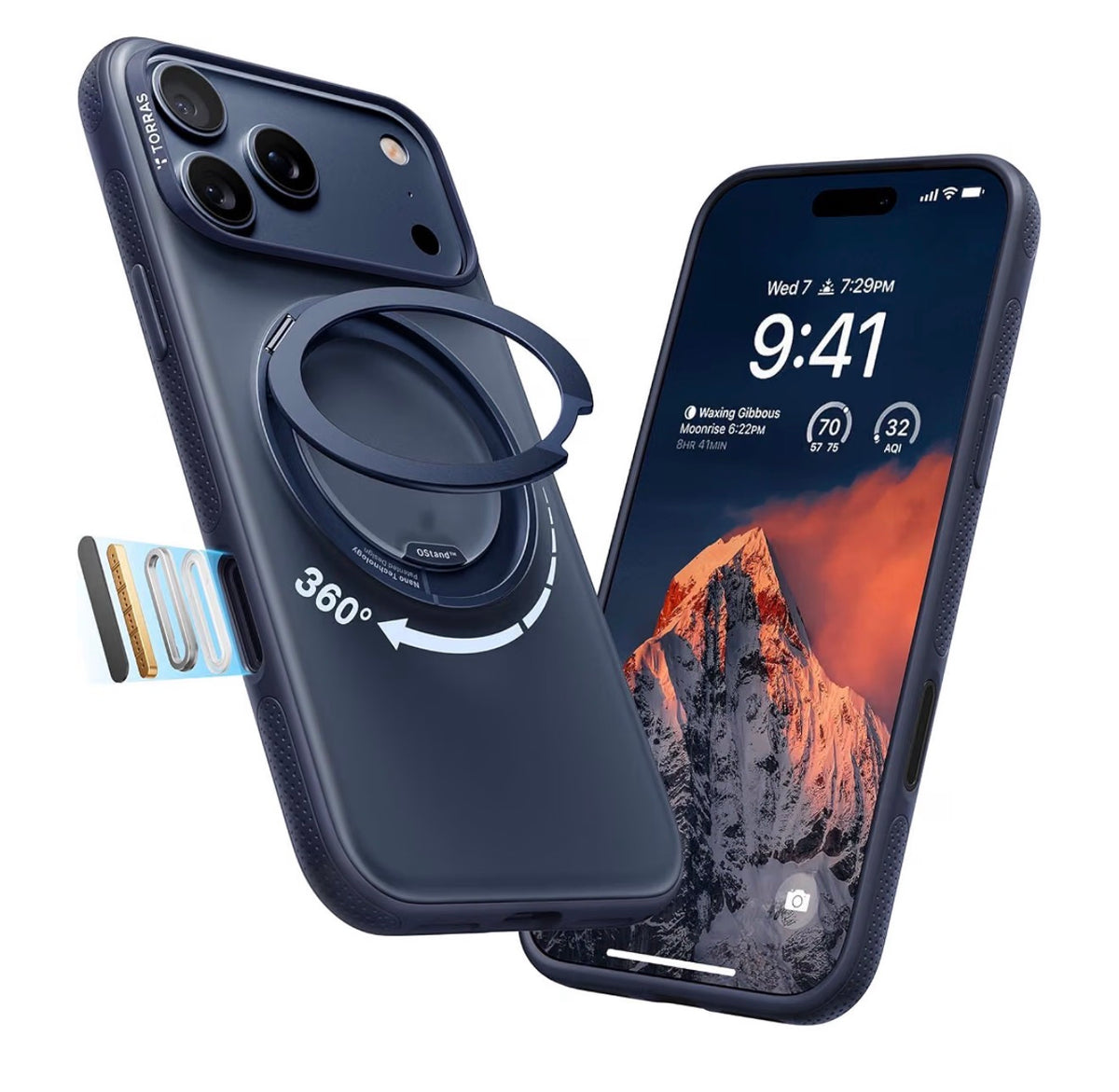 TORRAS for iPhone 17 Pro Case, 360 Magnetic Stand, Translucent Deep Blue
[Fit for MagSafe] [360° Rotating Kickstand] 4X Mil-Grade Shockproof, Camera Button, Slim, O3 Fitness Series, 6.3"