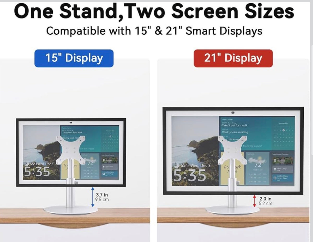 Stand for Echo Show 15/21, 4-Level Height Settings, Swivel and Tilt
360° Swivel Base, Adjustable Tilt, Aluminum Construction, VESA-Compatible for 15-21" Displays, Silver