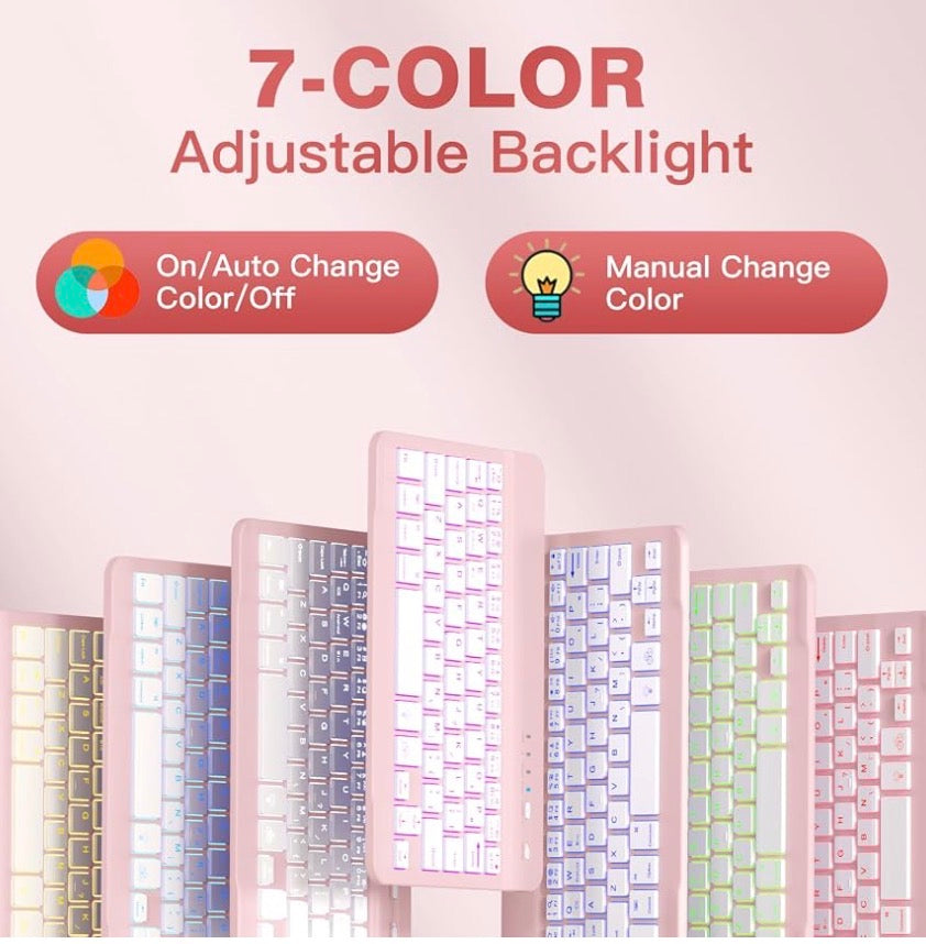 Keyboard Case for iPad 7 Mini/A17 Pro/Mini 6 Gen Case with Keyboard Pencil Holder, 7 Color Backlit Detachable Keyboard Cover for iPad mini 7th/6th Generation 8.3-inch 2024/ 2021, Pink