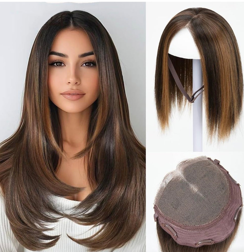 Lace Front Hair Toppers with Band for Women 5.5x4 Pre-cut Closed Lace Hairline Synthetic Straight Hair Wear and Go Glueless Toppers for Beginners Chestnut