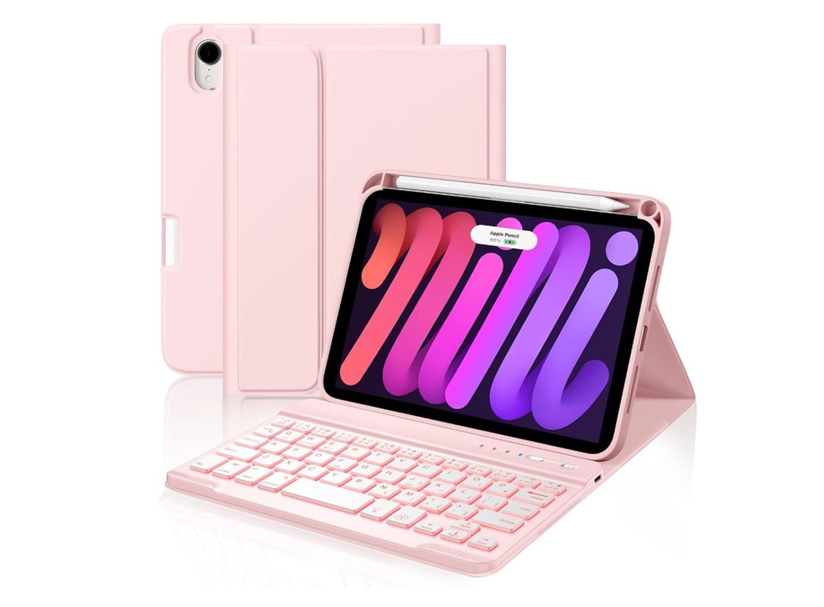 Keyboard Case for iPad 7 Mini/A17 Pro/Mini 6 Gen Case with Keyboard Pencil Holder, 7 Color Backlit Detachable Keyboard Cover for iPad mini 7th/6th Generation 8.3-inch 2024/ 2021, Pink