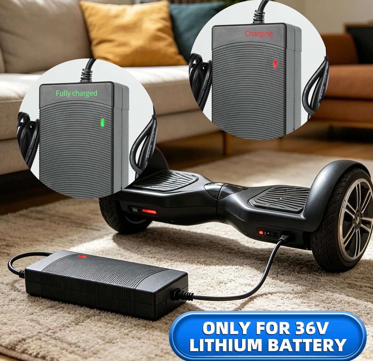 42V 2A Fast Charger for 36V Lithium Battery, 3 Connectors Universal Power Adapter, Compatible with Pocket Mod, Sports Mod & Electric Scooters
