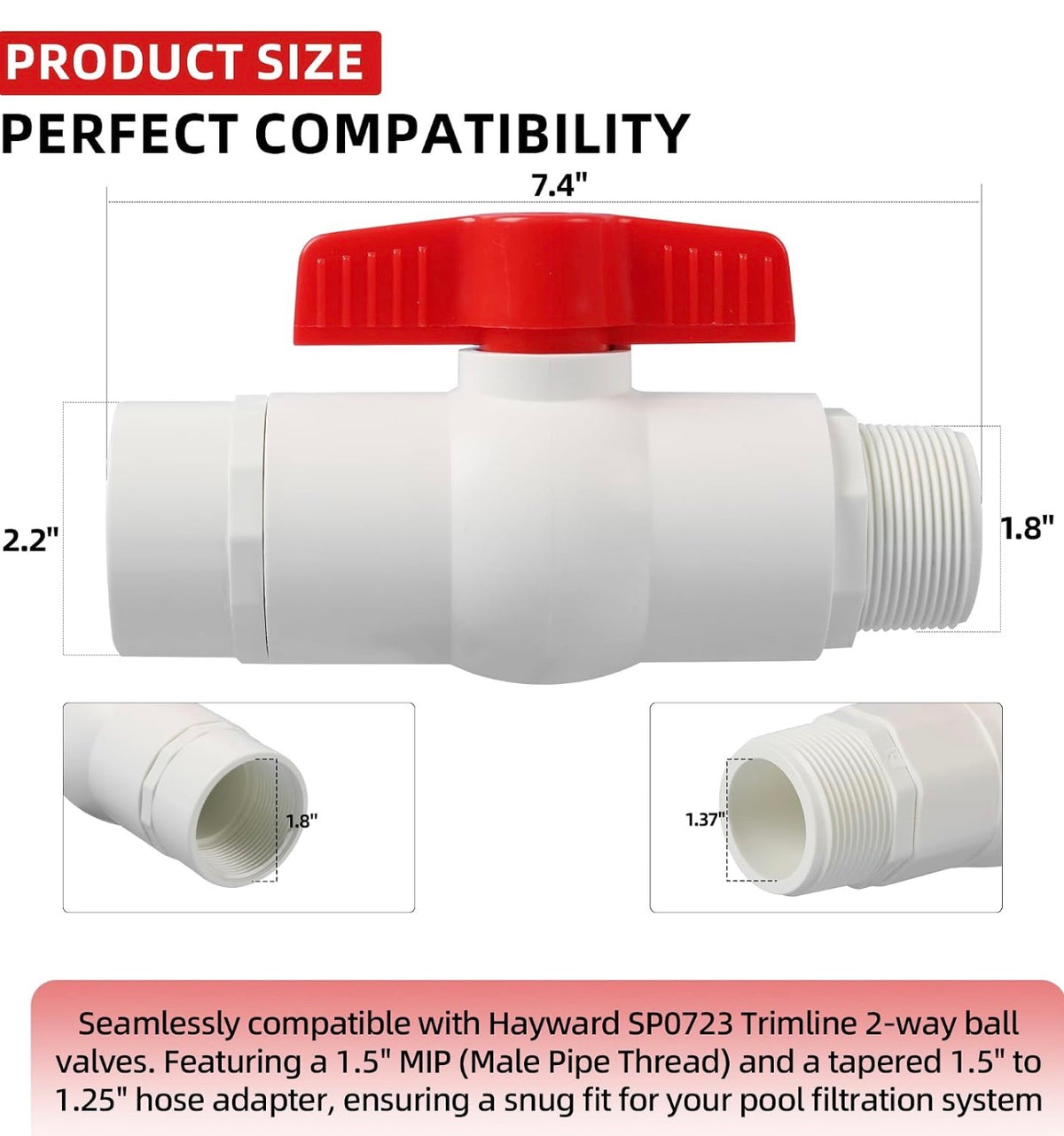 Pack of 2 - Upgrade 2-Way Ball Valve Replacement for Hayward SP0723 Trimline 1.5" MIP x 1.5" - 1.25" Hose Adapter, Heavy-Duty Pool Filter Valve for Flow Regulation & Winterizinga