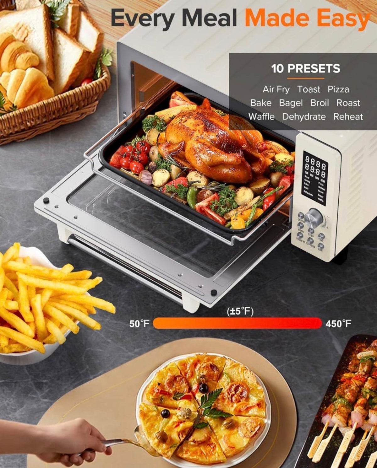 Nuwave Bravo Pro Smart Air Fryer Toaster Oven Countertop Combo
10-in-1 Cooking Functions, 1800W, 50-450°F, 21-Qt, PFAS-Free, Upgraded Super Convection, Cream