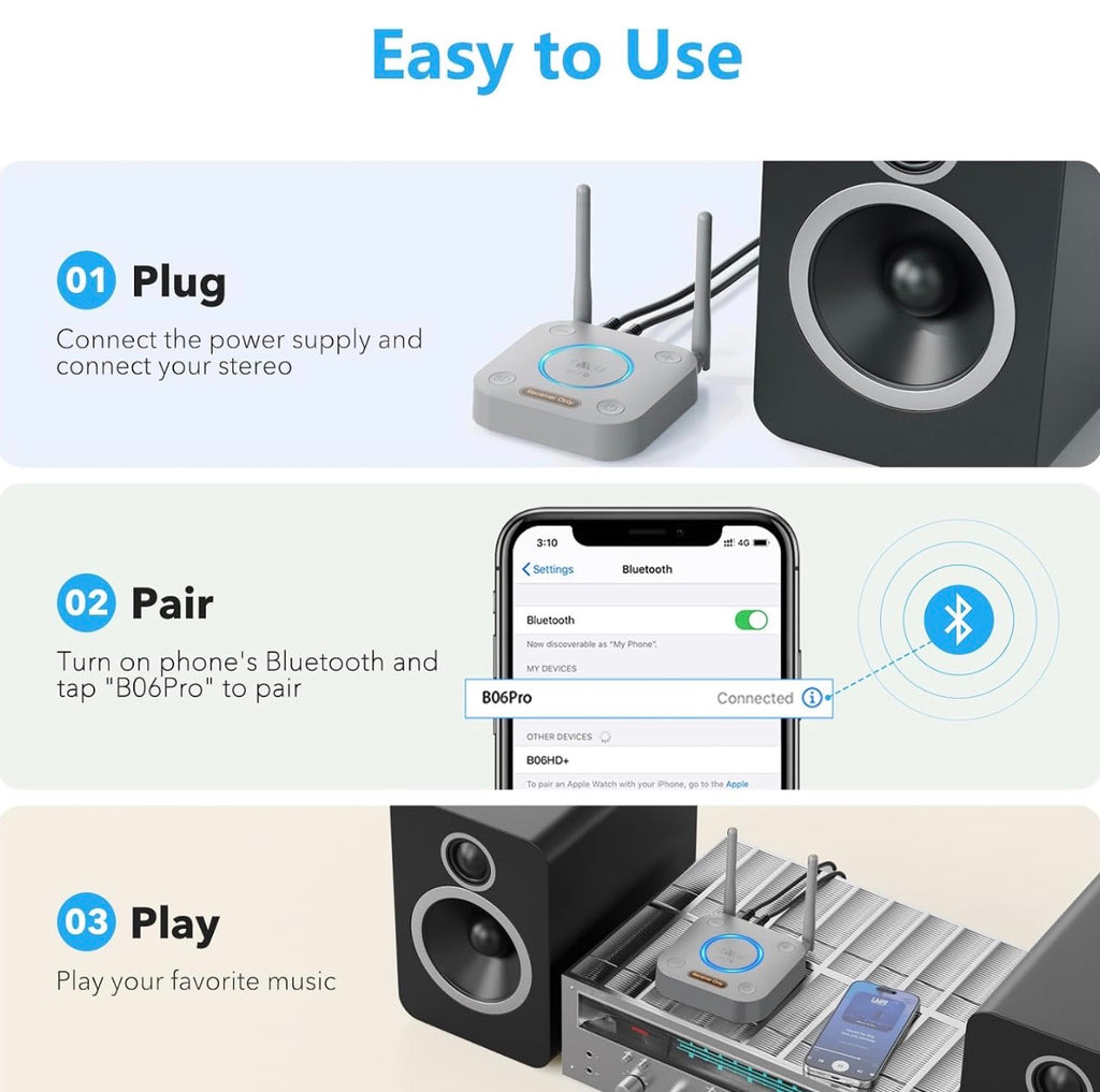 B06Pro Bluetooth 5.3 Receiver for Home Stereo, Hi-Fi Audio Adapter
Long Range, aptX HD Low Latency, AUX RCA Optical Coaxial, Wireless Music Streaming from Your Phone to Old Stereo Systems