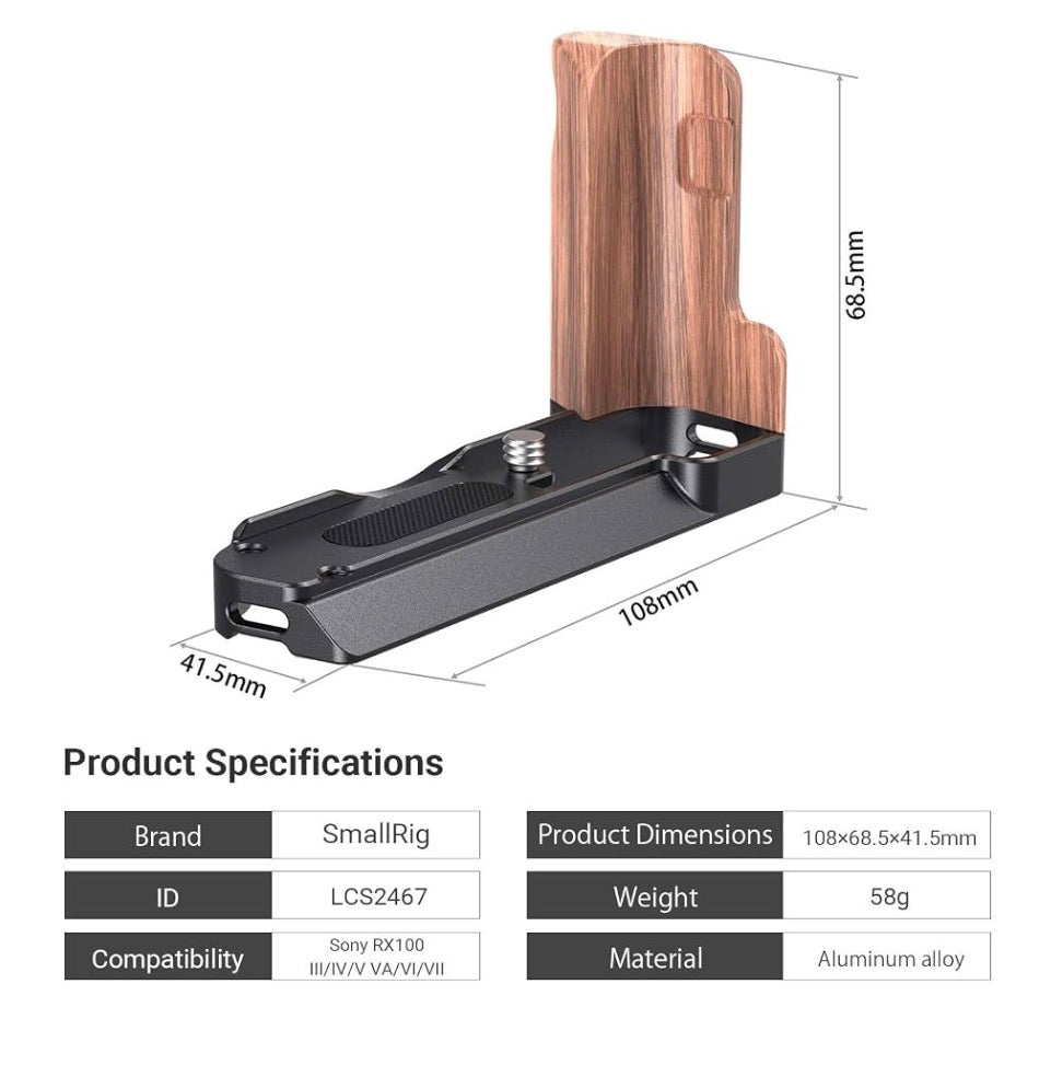 L-Shaped Bracket Wooden Grip for Sony RX100 III/IV/V(VA) / VI/VII with 1/4"-20 Threaded Holes