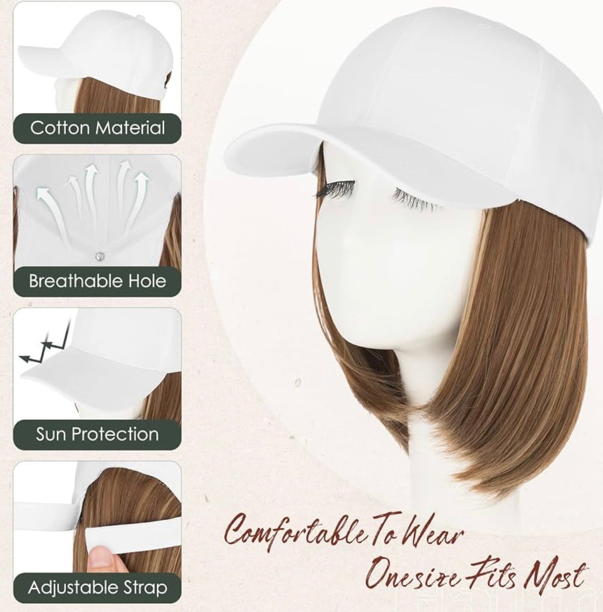 Wig Hat For Women Baseball Cap With Hair Extensions Synthetic Fake Hair 6" 150g #10P22T