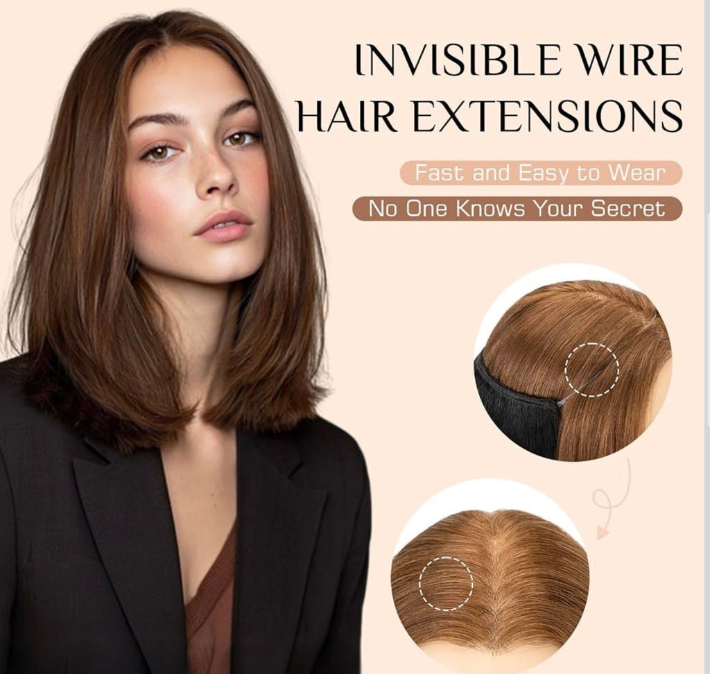 Short Wire Hair Extensions Real Human Hair Remy Hairs Wire Extension for Women Invisible Wire One Piece Clip in Hairpiece for Short Hairs 14 Inch #4R Medium Brown