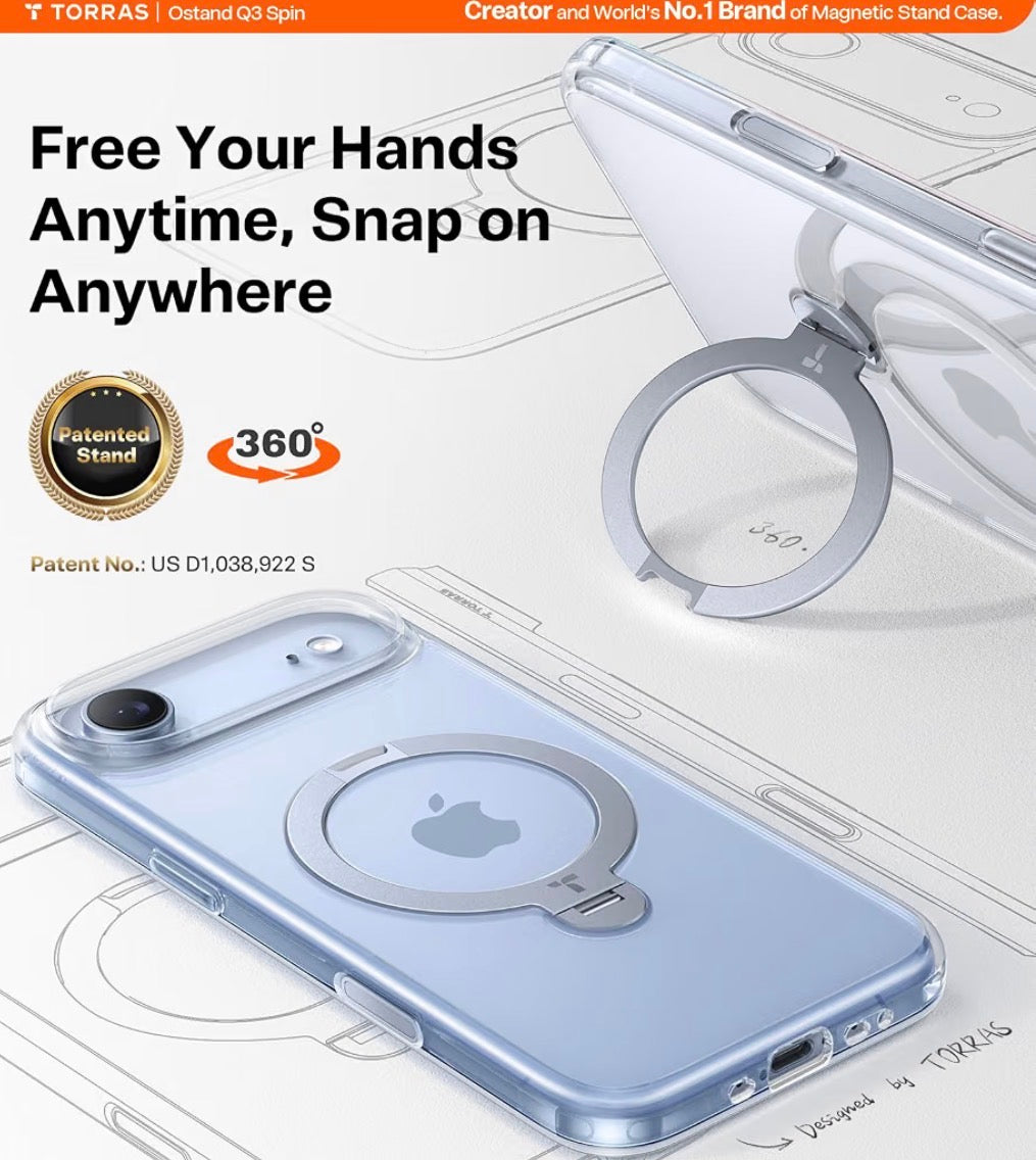 Q3 Spin for iPhone 17 Air Case, 360 Magnetic Stand, Clear, Compatible with MagSafe, Built-in Kickstand, Camera Control, 4X Military-Grade Shockproof Translucent Phone Case for Air