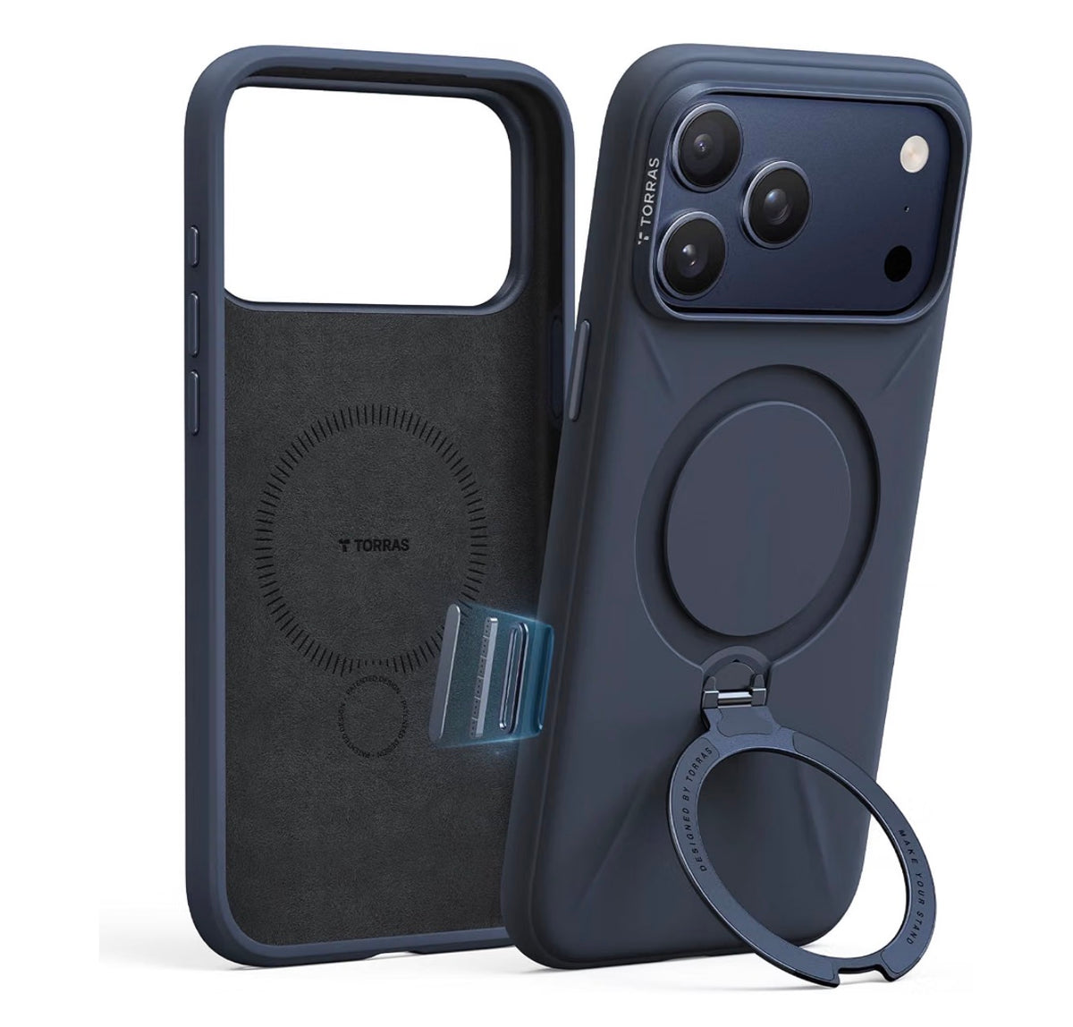 TORRAS Q3 Silicone for iPhone 17 Pro Max Case Magnetic Stand Deep Blue w/Tan Interior, Fit for MagSafe, Liquid Silicone Soft Cozy Grip, 360 Spin Magnetic Stand, Camera Control, Shockproof Protection, Anti-Scratch