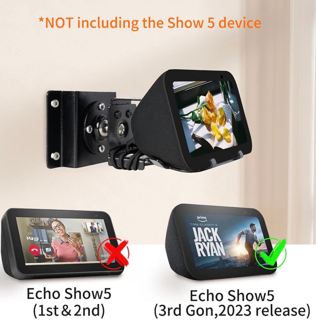 Metal Wall Mount ONLY for Echo Show 5 (3rd Generation)
Swivels up to 360° / Tilts -70° / +70°,Mount Stand Compatible with Show 5 (3rd Gen) with Wire management (Black)