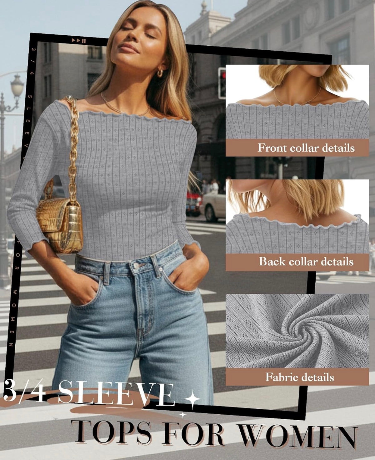 3 Pack Women's 3/4 Sleeve Tops, Boat Neck, Lettuce Trim, Jacquard Shirts, Slim Fit, Casual, Layering, Basic Tees, Three Quarter Length, Fitted - Size XXL