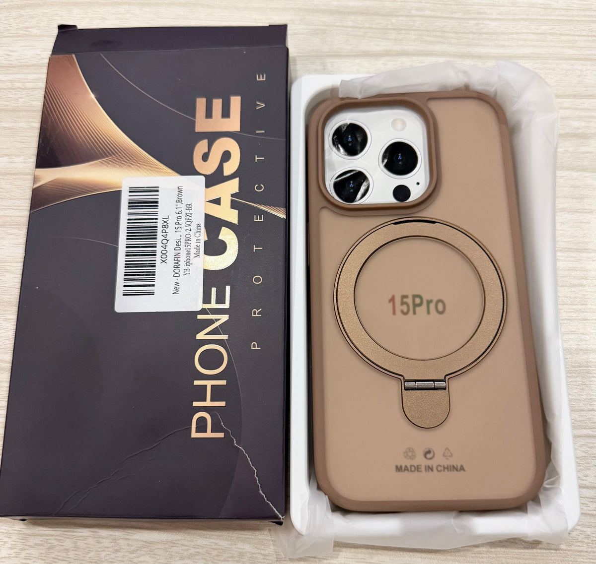 Case for iPhone 15 Pro, Compatible with Magnetic Accessories, Phone Case for iPhone 15 Pro, Camera Protection, Protective Cover with 360° Rotatable Stand – Brown