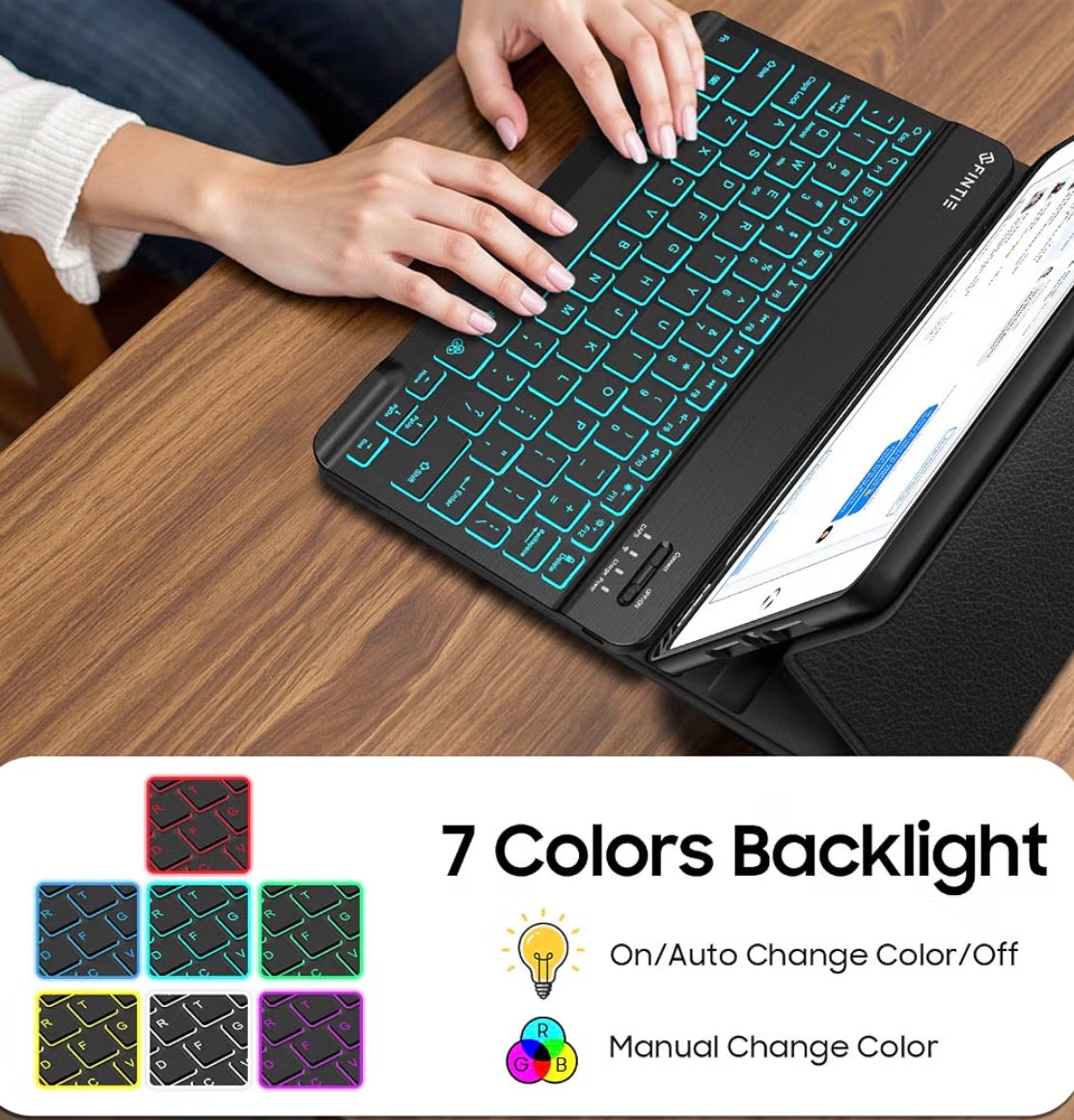 Backlit Keyboard Case for iPad 9th / 8th / 7th Generation 10.2 Inch
7-Color Backlight, Detachable Magnetic Bluetooth Keyboard, Soft TPU Cover, Multi-Angle Viewing, Black