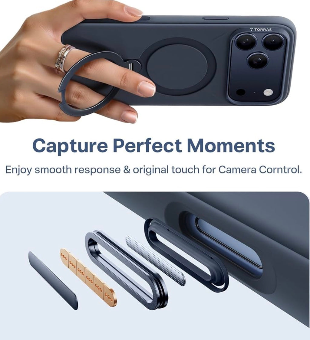 TORRAS Q3 Silicone for iPhone 17 Pro Max Case Magnetic Stand Deep Blue w/Tan Interior, Fit for MagSafe, Liquid Silicone Soft Cozy Grip, 360 Spin Magnetic Stand, Camera Control, Shockproof Protection, Anti-Scratch