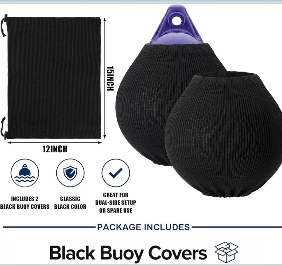 2 Pack 12" x 15" Round Boat Fender Covers Boat Buoy Cover Marine Bumper Sleeves Fender Protector Black Durable Polyester