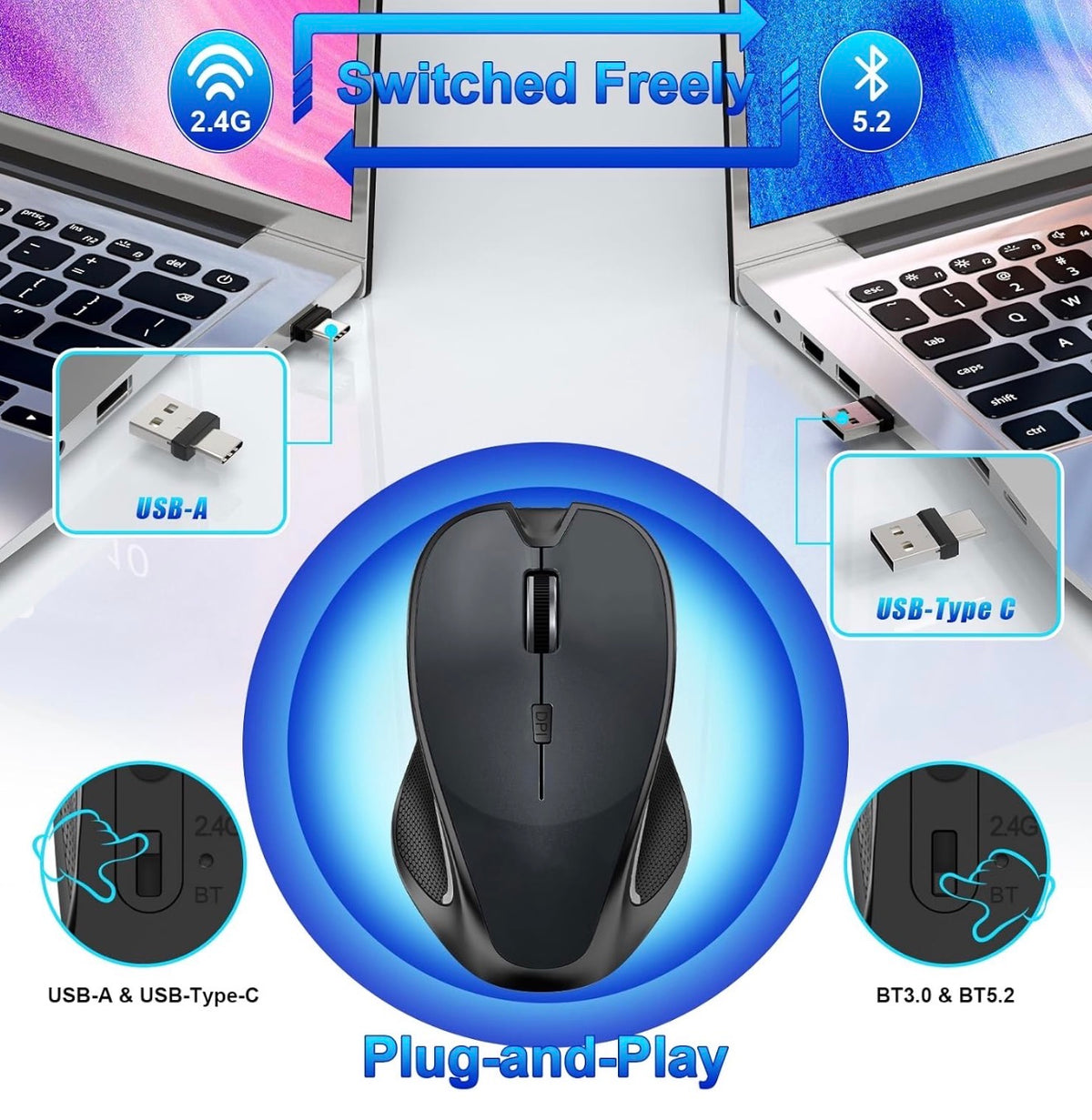 Mouse for MacBook Bluetooth Wireless Laptop Mac Pro Air Mice with Jiggler, Wireless Rechargeable PC Pad Optical Silent Mouse Dual Mode Switch Bluetooth 5.2/3.0 and 2.4GHz USB Type-C Receiver PURPLE