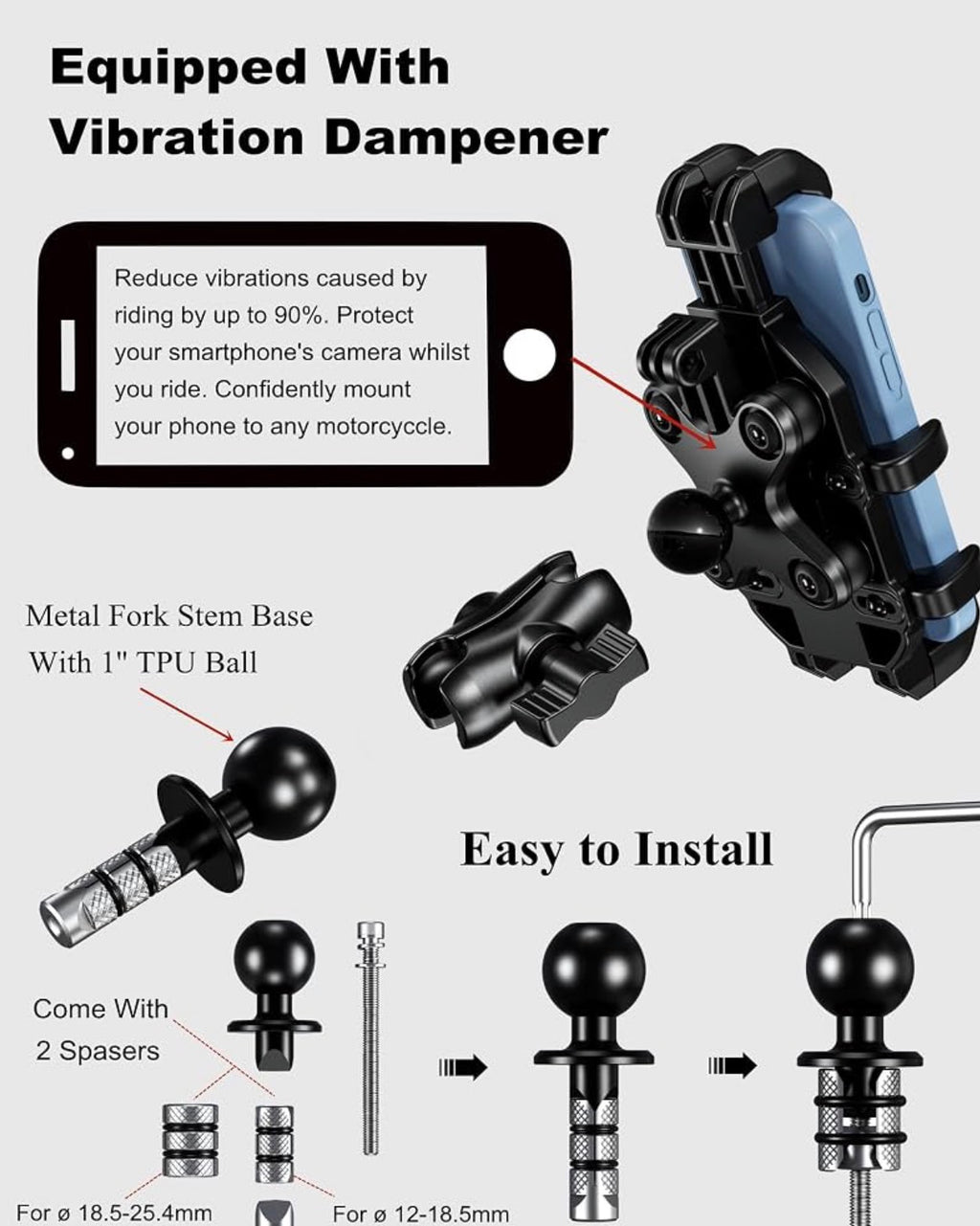Motorcycle Fork Stem Phone Mount with Vibration Dampener, Heavy Duty Cellphone Holder Fit Stem Tubes 12mm-25.4mm in Diameter, Adjustable for 5.4 - 6.9'' Smartphone