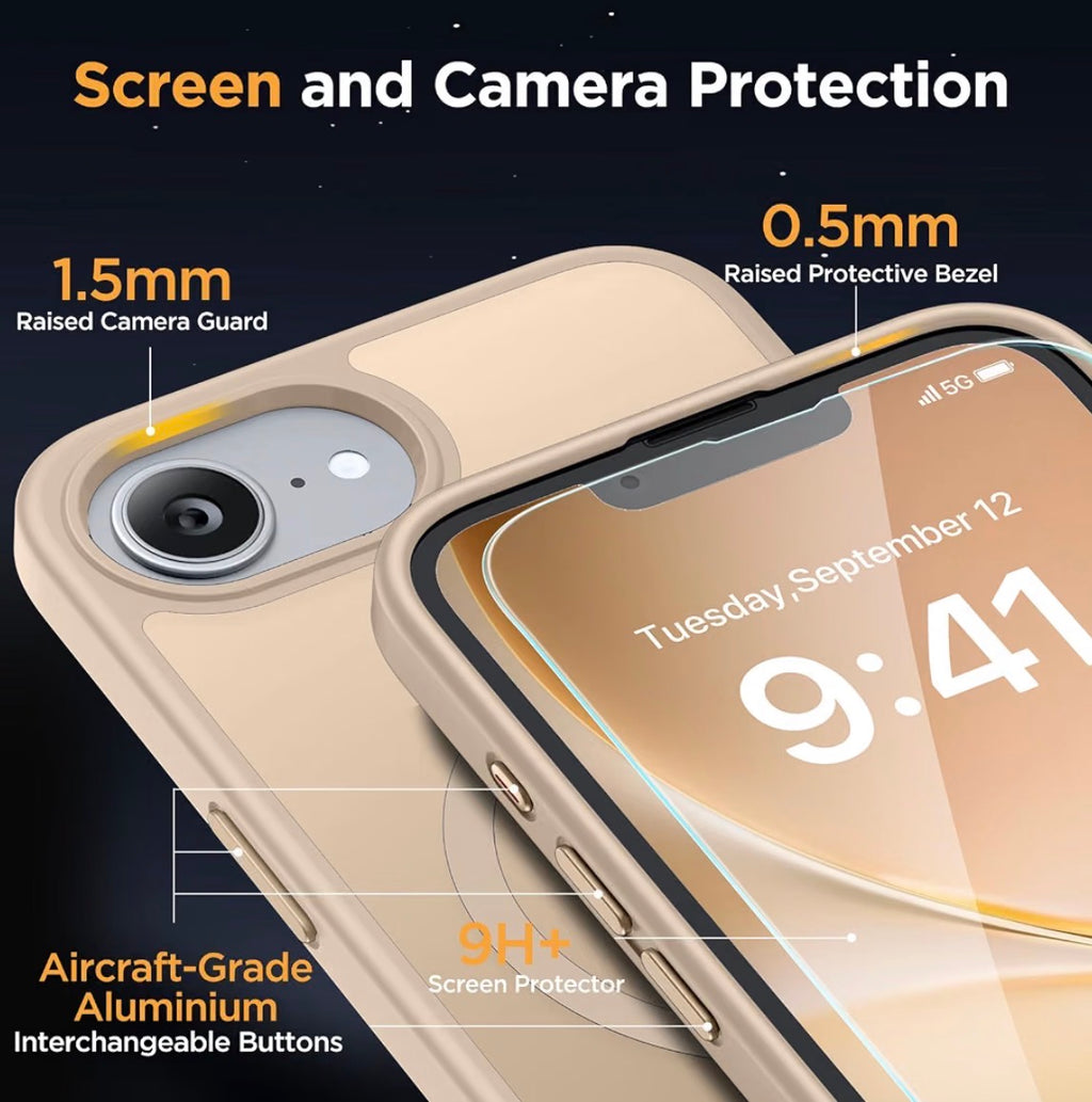 Miracase for iPhone 16e case & iPhone 17e Case for MagSafe [with 2×9H+ Screen Protectors] TOP Military-Grade Protection Shockproof with Velvet Touch for iPhone 16e/17e Phone Case 6.1", Matte Beige