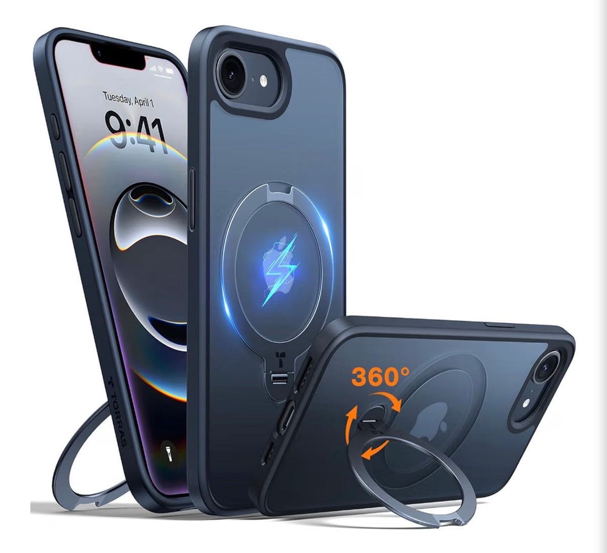 360 Spin for iPhone 17e Case & iPhone 16e case with Stand, Fit for MagSafe, 4X Military-Grade Protective, Stand Phone Case for iPhone 17e Case, Ring Holder Slim Cover, Matte Black 6.1''