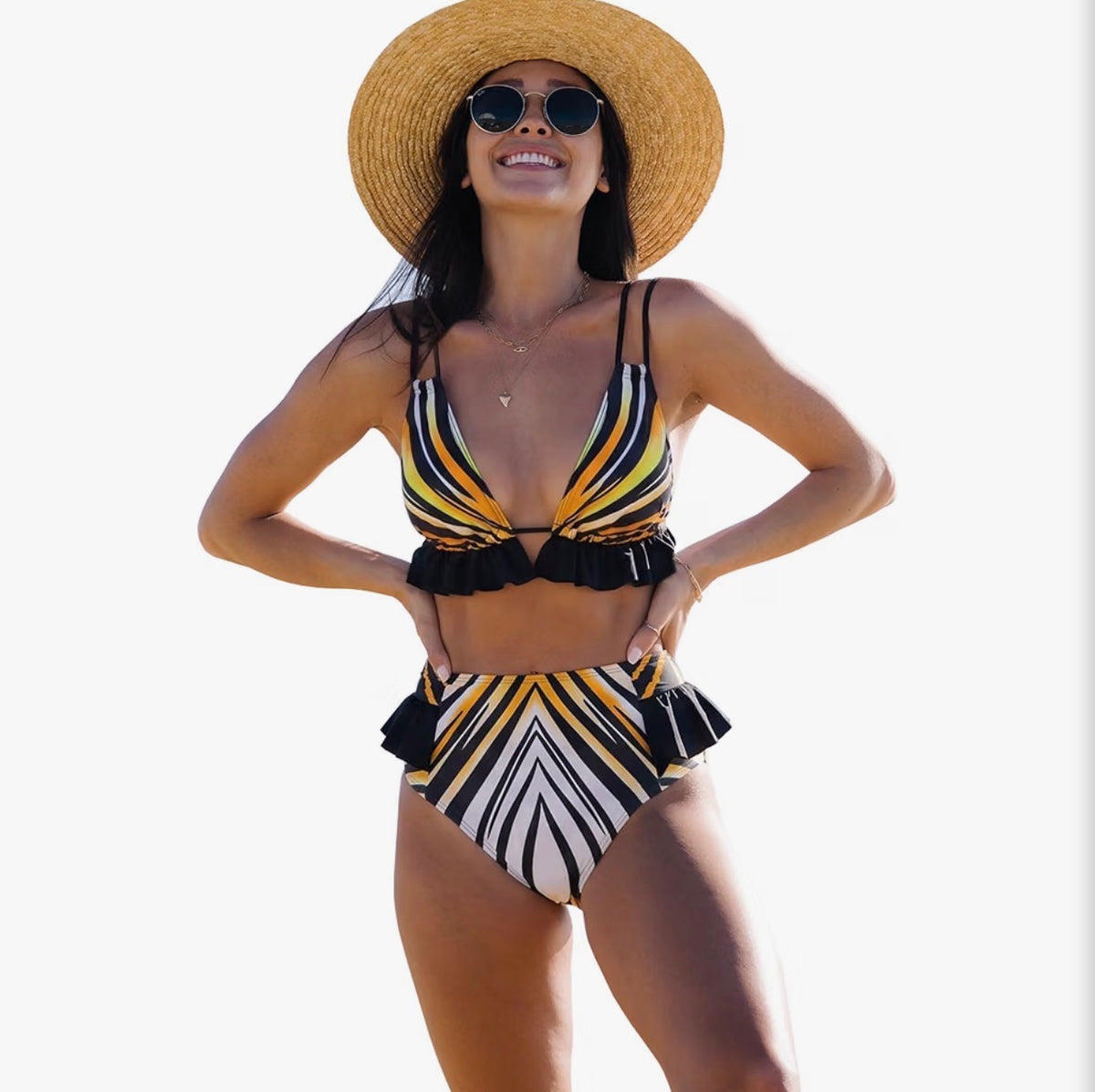 Women High Waisted Swimsuit Ruffle Triangle Top Bikini Padded Swimwear