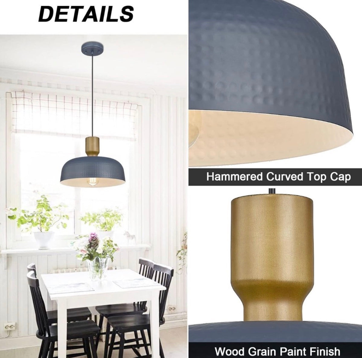 Darkaway Large Industrial Pendant Light Fixtures with Hammered Metal Shade, 2 Pack Blue 18.1 inch Oversized Pendant Lighting for Kitchen Island Hanging Lamp Adjustable Height