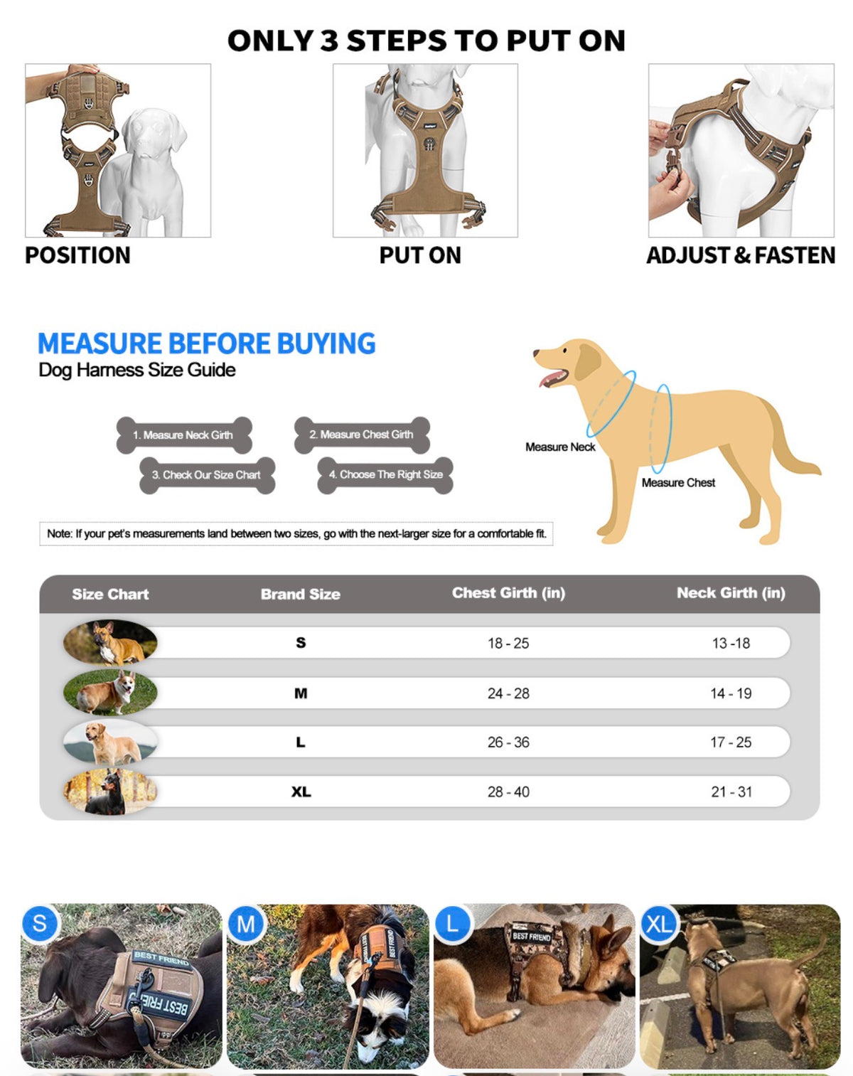 Heavy Duty Tactical Dog Harness for Small Dogs, No Pull Adjustable Pet Harness Reflective Service Training Easy Control Pet Vest Military K9 Working Dog Harnesses- Medium, Brown