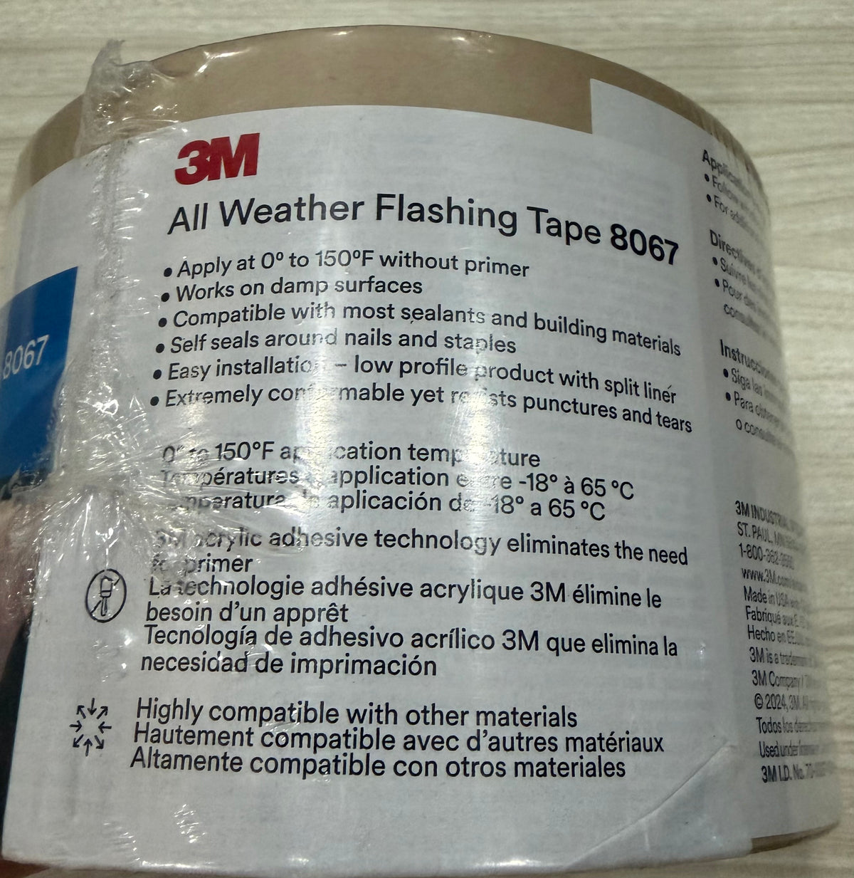 3M All Weather Flashing Tape 8067, Tan, 4 in x 75 ft, 1 Roll, Waterproof flashing membrane for windows and doors, Self-adhered, Prevents moisture intrusion, Slit liner (2-2 Slit)