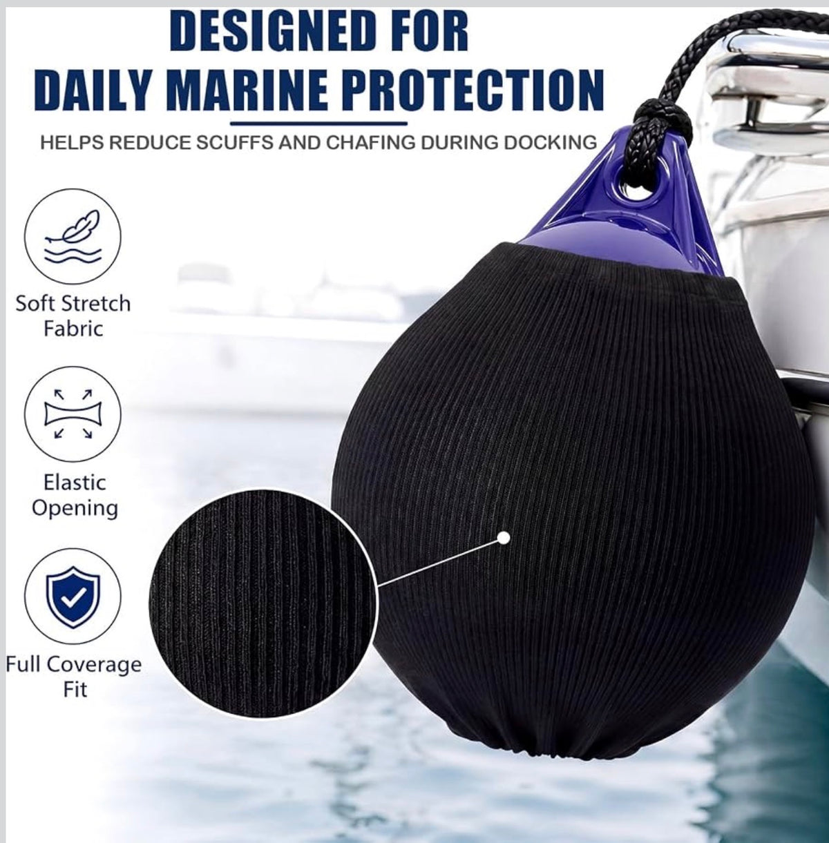 2 Pack 12" x 15" Round Boat Fender Covers Boat Buoy Cover Marine Bumper Sleeves Fender Protector Black Durable Polyester