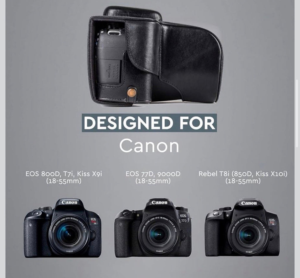 MG1192 Ever Ready Genuine Leather Camera Case Compatible with Canon EOS Rebel T8i, Kiss X10i, Rebel T7i, Kiss X9i, 77D, 9000D (18-55mm), Black