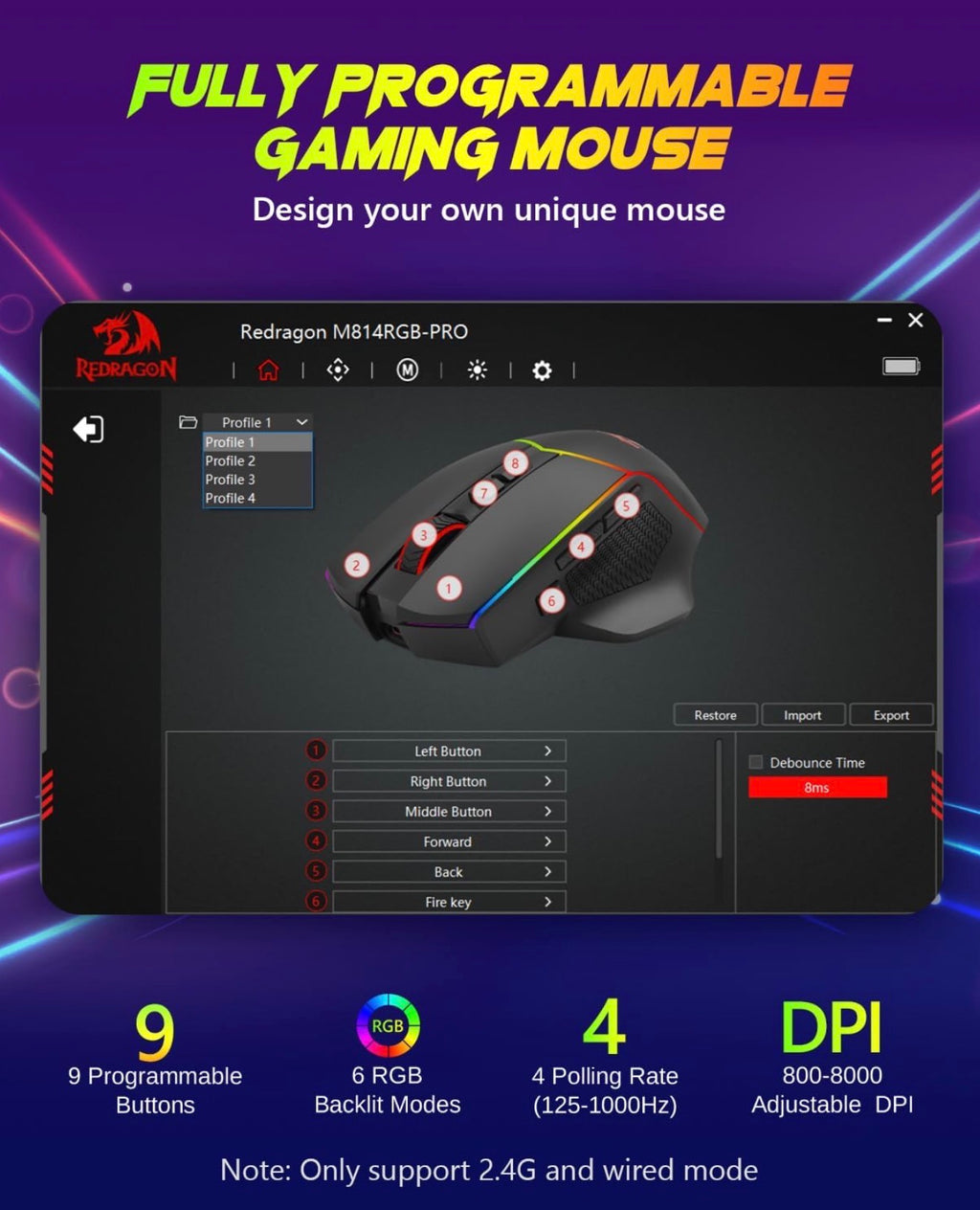 Redragon Wireless Gaming Mouse, Tri-Mode 2.4G/Bluetooth/USB-C, 7 Programmable Buttons, Tactile Rapid Fire Key, 8000 DPI RGB Ergonomic Mouse for PC Windows Gaming & Work, M814