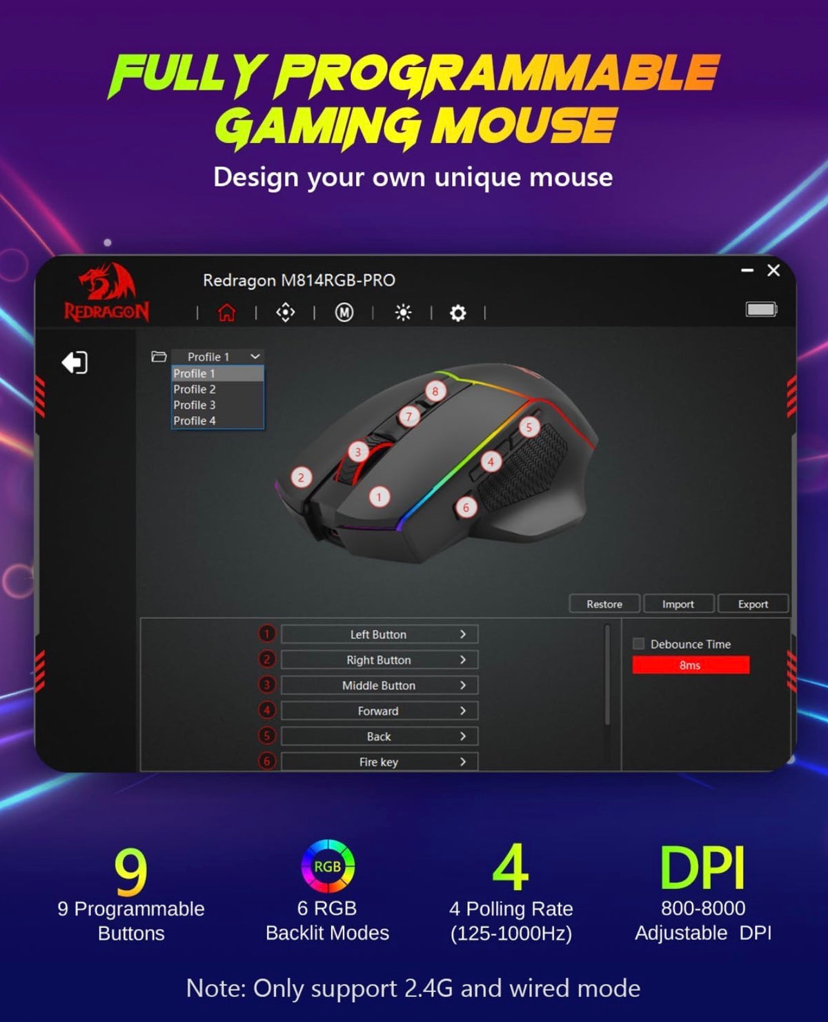 Redragon Wireless Gaming Mouse, Tri-Mode 2.4G/Bluetooth/USB-C, 7 Programmable Buttons, Tactile Rapid Fire Key, 8000 DPI RGB Ergonomic Mouse for PC Windows Gaming & Work, M814