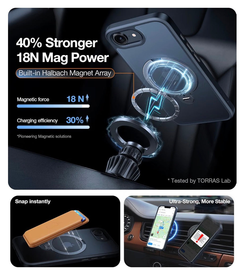 360 Spin for iPhone 17e Case & iPhone 16e case with Stand, Fit for MagSafe, 4X Military-Grade Protective, Stand Phone Case for iPhone 17e Case, Ring Holder Slim Cover, Matte Black 6.1''