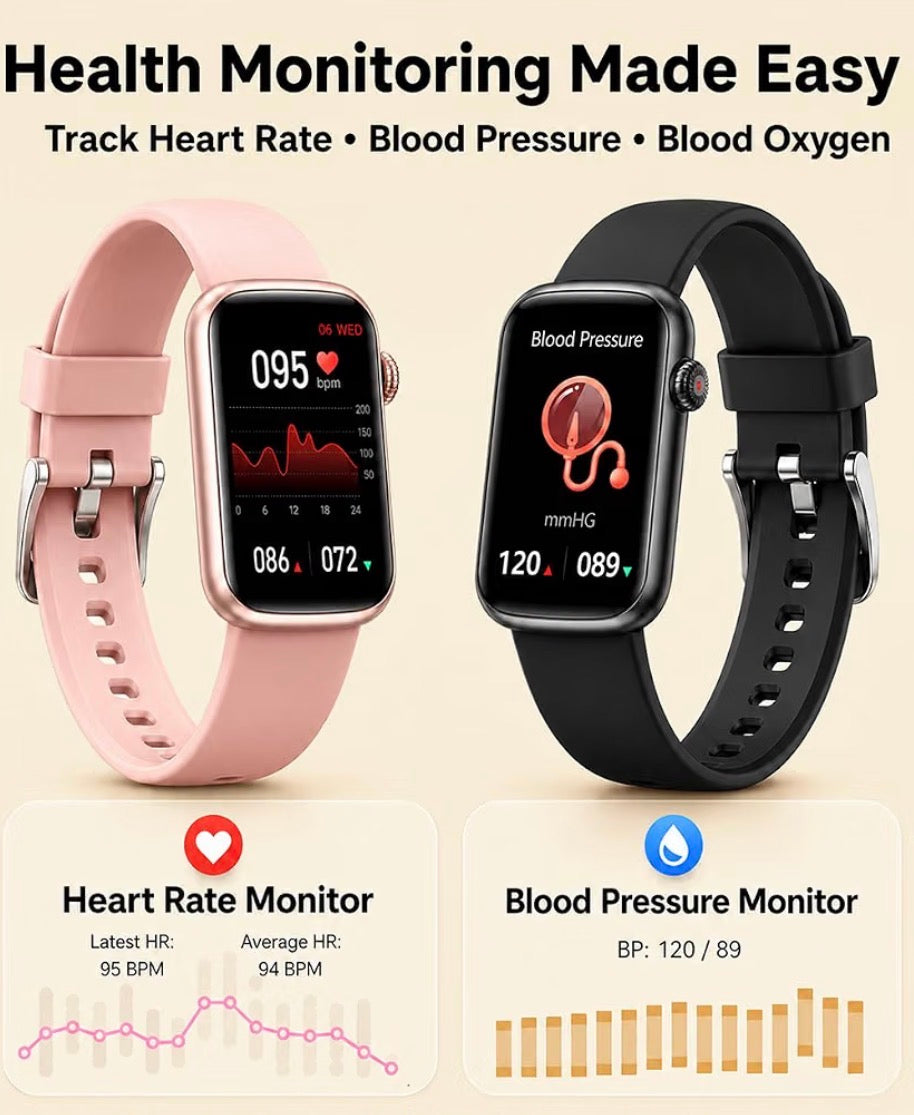 Health Fitness Tracker - 24/7 Heart Rate Monitor & Activity Tracker, Step Counter, Blood Pressure Monitor, Blood Oxygen Monitor, Sleep Tracker, IP68 Waterproof, Slim, Women Health Tracker