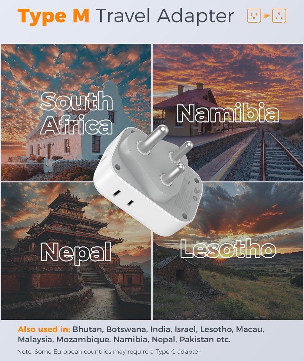 South Africa Type M Plug Adapter, 2 Pack
4 Outlets, 3 USB (2 USB-C), For US to Namibia Botswana Nepal Mozambique Sri Lanka Eswatini Lesotho