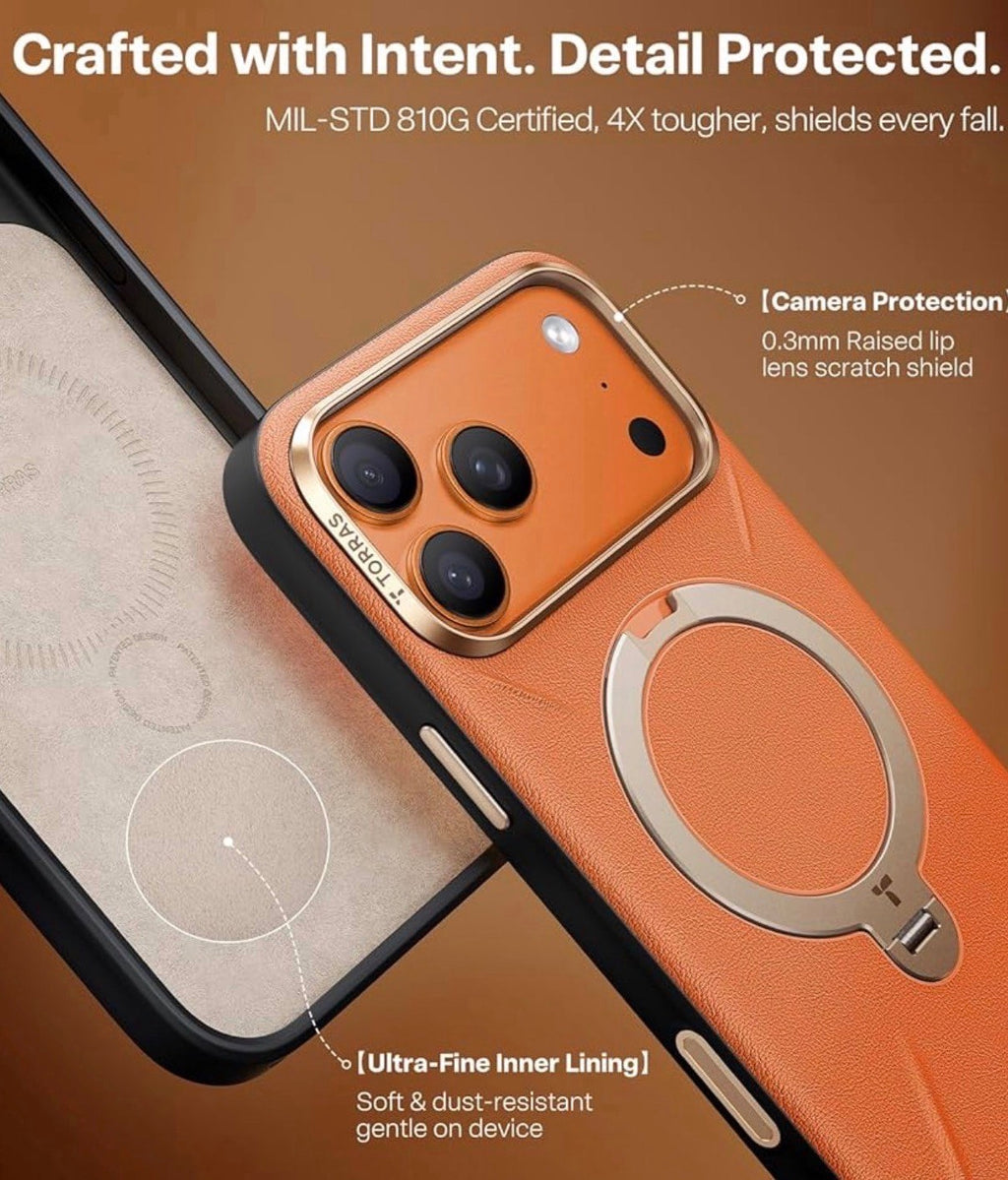 TORRAS - Q3 VegSkin for iPhone 17 Pro Max Case Leather, 360 Spin Magnetic Stand, Fit for MagSafe, Camera Control, Shockproof Premium Organic Silicone Leather Case for iPhone 17 Pro Max, Burnt Orange