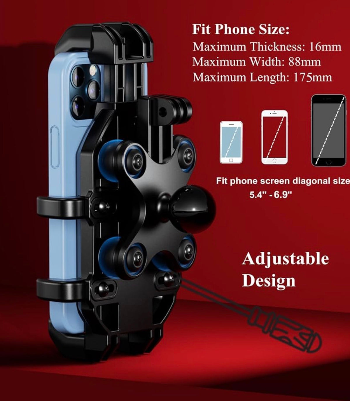 Motorcycle Fork Stem Phone Mount with Vibration Dampener, Heavy Duty Cellphone Holder Fit Stem Tubes 12mm-25.4mm in Diameter, Adjustable for 5.4 - 6.9'' Smartphone