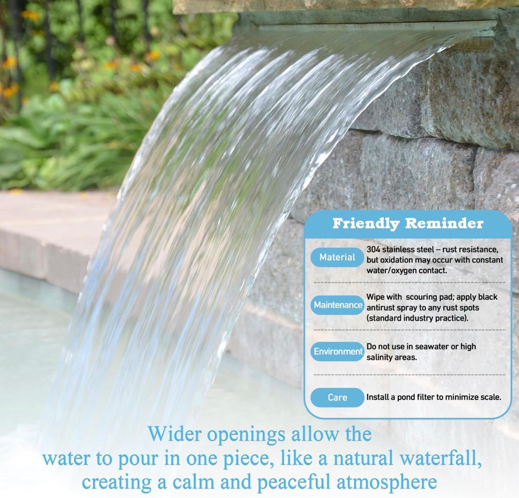 36” Inch Pool Fountain 304 Stainless Steel Waterfall Spillway with Pipe Connector Kits, Wider Water Flow Sheer Descent Platform Water Feature Fountain for Swimming Pool, Outdoor Garden Decor