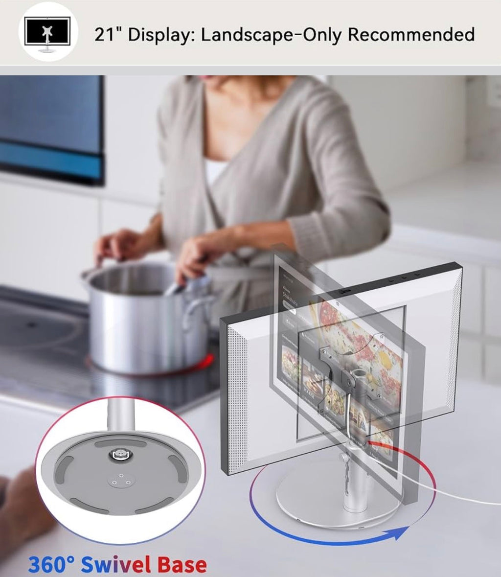 Stand for Echo Show 15/21, 4-Level Height Settings, Swivel and Tilt
360° Swivel Base, Adjustable Tilt, Aluminum Construction, VESA-Compatible for 15-21" Displays, Silver